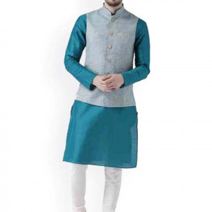 Men Blue Embroidered Kurta with Churidar & Jacket